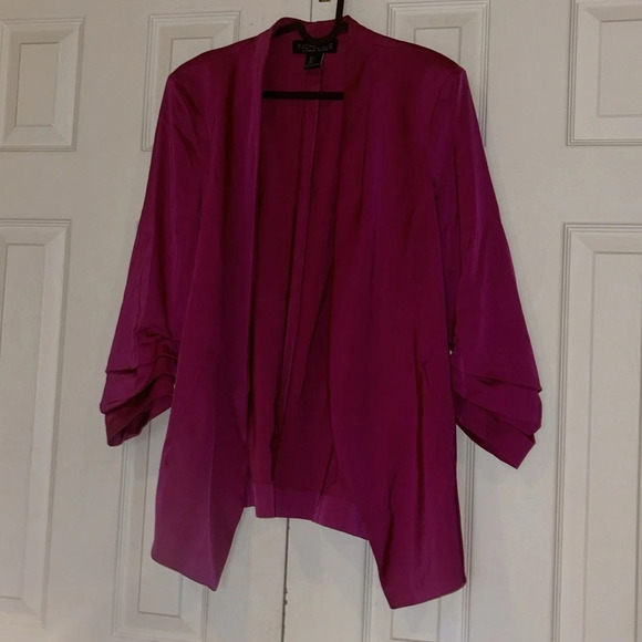 RACHEL ZOE Elegant Fuchsia Pink Open Front 3/4  RushGathered Sleeve Blazer Sz L - Picture 11 of 15